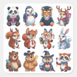 Een set van 12 Back to School Leuk Dier Vierkante Sticker