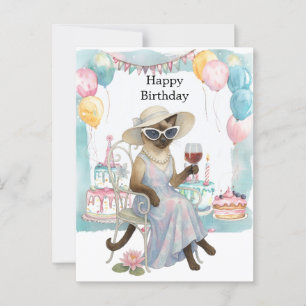 Een Siamese kat drinkt wijn Gefeliciteerd met je v Briefkaart