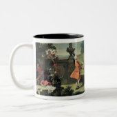 Een siertuin met een jong meisje dat danst op tweekleurige koffiemok (Links)