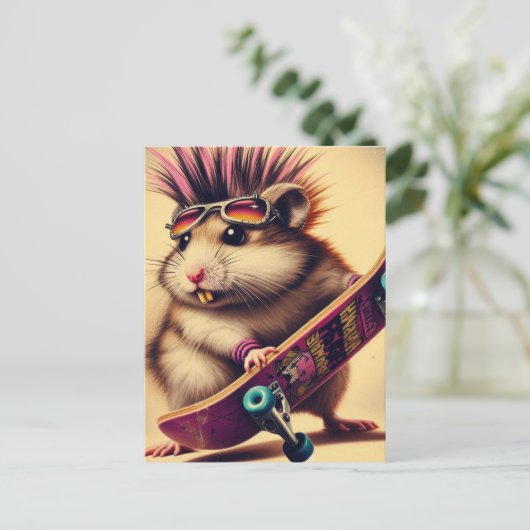 Een skateboarden Punk Hamster Retro Briefkaart (Staand voorkant)