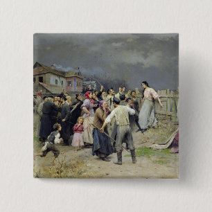 Een slachtoffer van fanatisme, 1899 vierkante button 5,1 cm