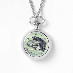 Een slapende engel op de hemelwolken in groen horloge