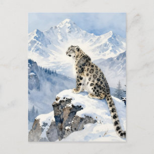 Een sneeuwluipaard op een besneeuwde bergtop briefkaart
