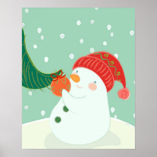 Een sneeuwman die een versiering aan een boom hang poster
