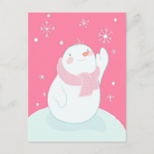 Een sneeuwman die naar een vallende sneeuwvlok rei briefkaart