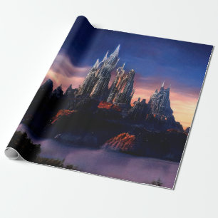 Een somber sprookjeskasteel op een berg bij de cadeaupapier