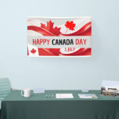 Een spandoek met de tekst "Happy Canada Day, 1 jul (Beurs)