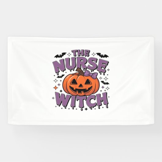Een speels ontwerp met een pompoenheks met een spandoek (Horizontaal)