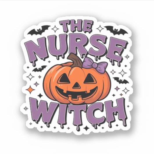 Een speels ontwerp met een pompoenheks met een sticker (Voorkant)