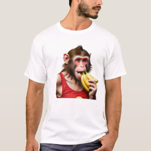 Een speelse aap zit bovenop een levendige, krullen t-shirt