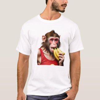 Een speelse aap zit bovenop een levendige, krullen t-shirt