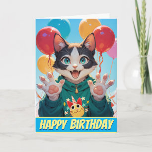 Een SPINNENDE Kitty Cat verjaardag! Kaart