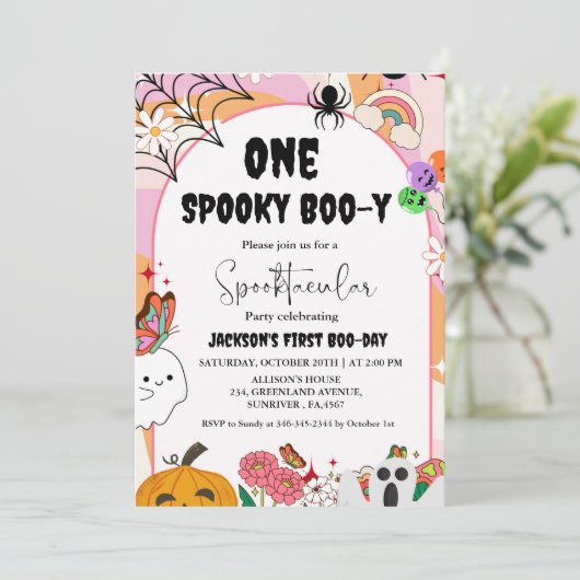 Een spooky Boo-y Ghost halloween groovy verjaardag Kaart (Staand voorkant)