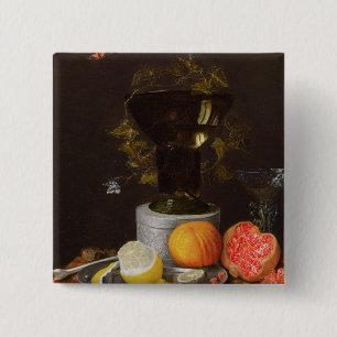 Een stilstaand leven met een glas en fruit op een vierkante button 5,1 cm