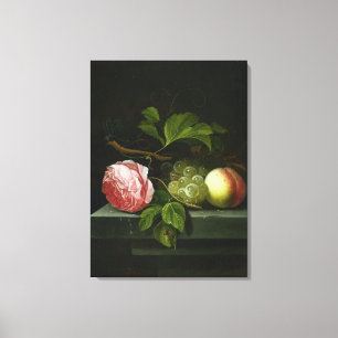 Een stilstaand leven met een Roos, druiven en stra Canvas Afdruk
