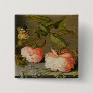 Een stilstaand leven met Rozen op een rand Vierkante Button 5,1 Cm