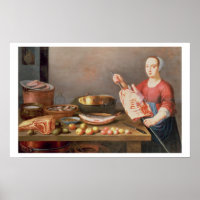Een stilstaand leven van vlees en vis met een kook