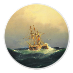 Een stoomschip in een storm in de Atlantische Ocea Keramische Knop