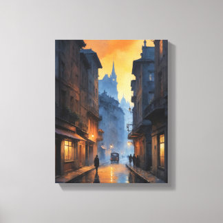 Een straat met gebouwen en mensen die erop lopen canvas afdruk