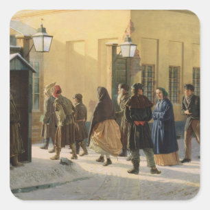 Een straatscene, buiten een gevangenis, 1868 vierkante sticker