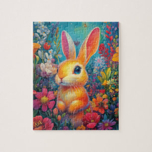 Een stralend konijn in een levendige tuin legpuzzel