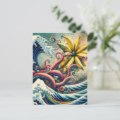 Een surrealistische banaan octopus rijdt op een go briefkaart (Staand voorkant)