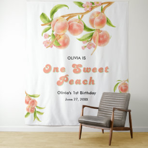 Een Sweet Peach Fruit Girl 1e verjaardag achtergro Wandkleed