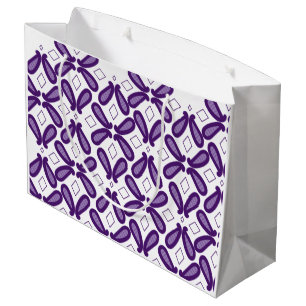 Een symmetrisch patroon met witte en paarse m groot cadeauzakje