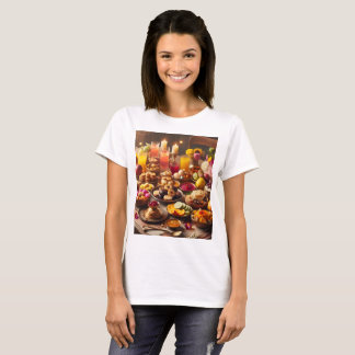 Een tafel vol met eten inclusief fruit en bloemen t-shirt