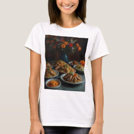 Een tafel vol met eten inclusief vleesbloemen t-shirt