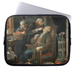 Een tandarts die de tand van een oud Man (olie of Laptop Sleeve