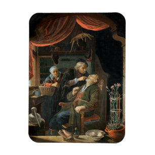 Een tandarts die de tand van een oud Man (olie of Magneet