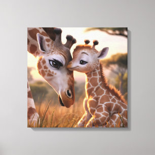Een teder Giraffe moment: Moeder en Baby omarmen Canvas Afdruk