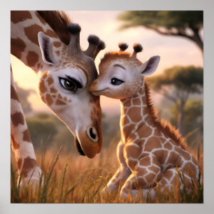 Een teder Giraffe moment: Moeder en Baby omarmen Poster