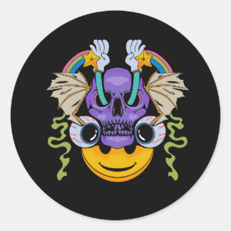 Een tekening van een schedel met een kleurrijk gez ronde sticker