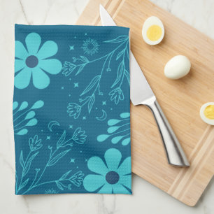 Een trendy cyaankleurige bloemendesign theedoek