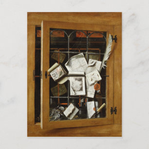 Een trompe l'oeil van een open glazuurkast briefkaart