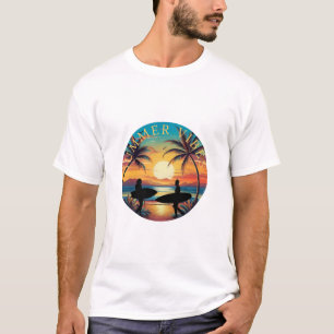 Een tropisch strand Retro Zonsondergang & Surfer T-shirt