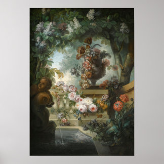 Een tuinscène met een urn bloemen poster