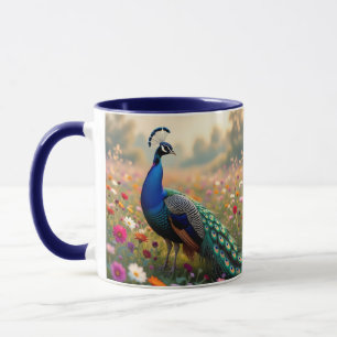 Een turquoise en blauwe pauw in bloemen mok