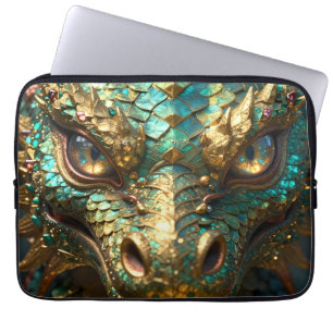 Een turquoise en gouden mysterieuze draak laptop sleeve