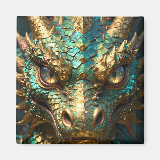 Een turquoise en gouden mysterieuze draak magneet (Voorkant)