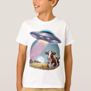 Een ufo ontvoert een koe, met de balk gemaakt van t-shirt