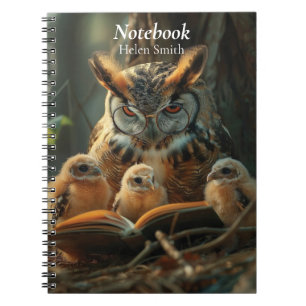 Een uil die een boek leest aan kleine kuikens notitieboek