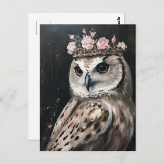 Een uil met een kroon en roze rozen briefkaart (Voorkant / Achterkant)