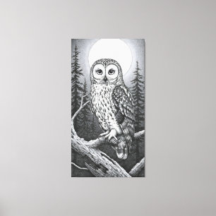 Een uil op een tak onder de volle maan canvas afdruk