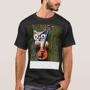 Een uil verschijnt uit een boom met viool erbij t-shirt