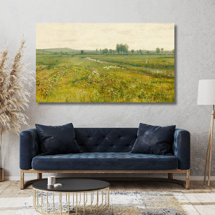 Een uitgestrekt weidelandschap met ganzen canvas afdruk