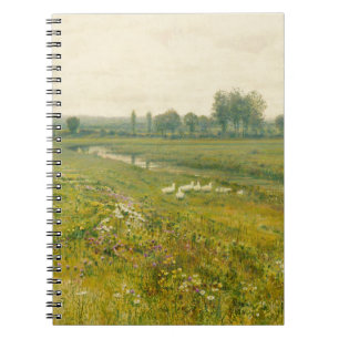 Een uitgestrekt weidelandschap met ganzen notitieboek