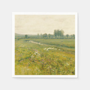 Een uitgestrekt weidelandschap met ganzen servet